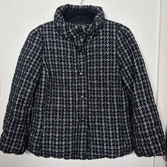 Ann Taylor Navy Silver and White Houndstooth Puffer Jacket Large Petite - Picture 2 of 9